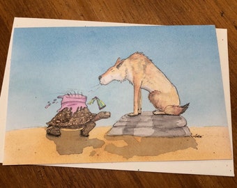Carte illustrée aquarelle de coyote et de tortue du sud-ouest