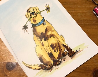 Peut inclure: Illustration à l'aquarelle d'un chien golden retriever tenant une fleur jaune dans sa gueule. Le chien porte un collier bleu avec une étiquette. L'œuvre est sur papier blanc avec un fond bleu clair.