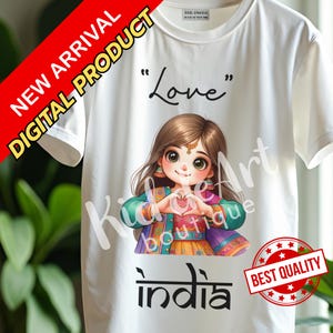 Cute cartoon girl making a heart shape with hands wearing colorful attire on a white t-shirt with "Love" and "India" text.