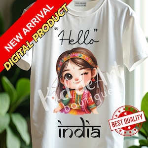Hello India-meisjesshirt | Leuke Indiase cartoon kinder T-shirt | Etnisch-culturele outfit voor diwali-, reis- of erfgoedcadeau