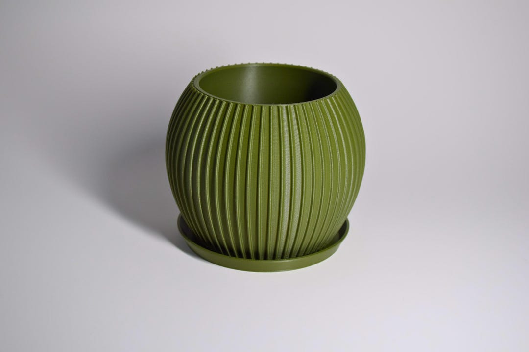 Olive Green Ribbed Plant Pot: Minimalist Home Decor - 3D Printed - Etsy