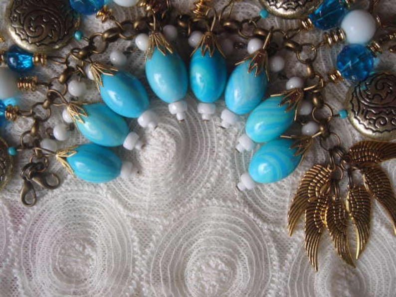 vintage chain carbbean opal rhinestones angelical jewelry wings charms,archangels Angelical bracelet resin cameo blue and white