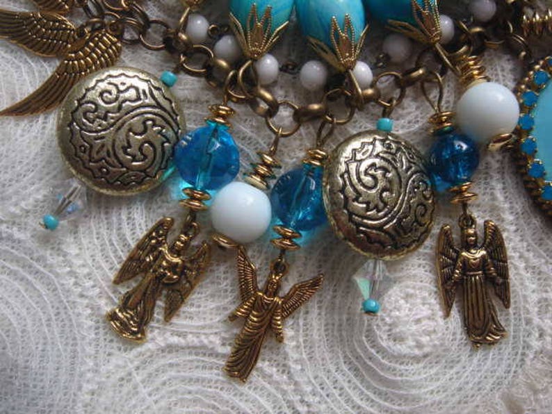 vintage chain carbbean opal rhinestones angelical jewelry wings charms,archangels Angelical bracelet resin cameo blue and white