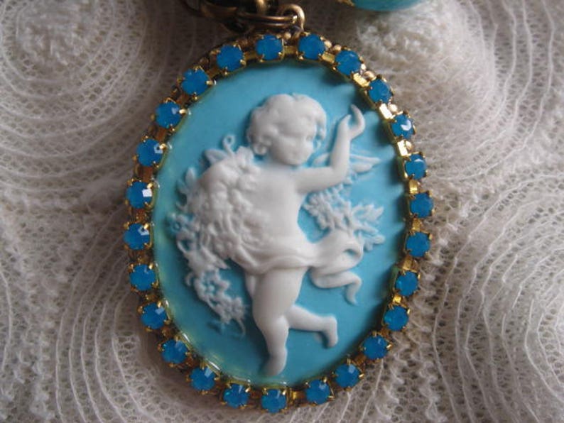 vintage chain carbbean opal rhinestones angelical jewelry wings charms,archangels Angelical bracelet resin cameo blue and white
