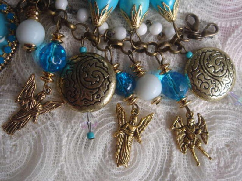 vintage chain carbbean opal rhinestones angelical jewelry wings charms,archangels Angelical bracelet resin cameo blue and white