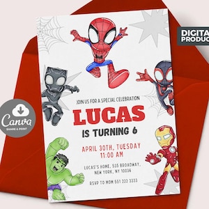 Modelo de convite de aniversário de super-heróis editável, convite para festa de aniversário para impressão, modelo de convite para festa infantil, cartão de aniversário de super-herói