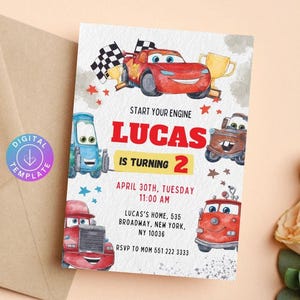 Bearbeitbare Autos-Geburtstagsfeier-Einladung Autos Blitz Geburtstag einladen McQueen-Geburtstagsfeier-Einladung Jungen-Geburtstagsfeier laden Auto-Party ein