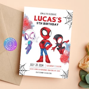 Watercolor Spidey and his Amazing Friends Birthday Party Invitation, Superhero Birthday Invite, Editable Template, Mobile Invite, Printable