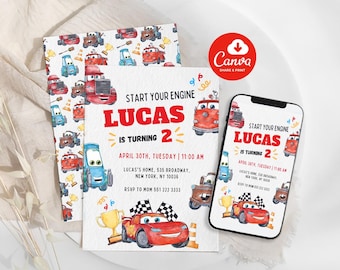 Cars Birthday Invitation, Kids Birthday Invitation, Lightning McQueen Invitation, Editable Personalized Digital Download, Canva