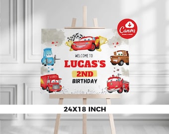 Cartello di benvenuto per compleanno di Cars, decorazione per feste con auto da corsa McQueen, modello modificabile stampabile, cartello di benvenuto per esterni