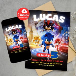 Sonic 3 Birthday Invitation, Super Hedgehog Boys Party Invite, Super Sonic Party Invitation, Editable Sonic Invite Template, Canva Template