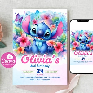 Stitch Birthday Invitation Editable Template, Canva Editable Birthday Invitation, Stitch Birthday Party Invitation, Invite Canva Template