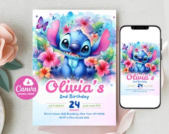 Stitch Birthday Invitation Editable Template, Canva Editable Birthday Invitation, Stitch Birthday Party Invitation, Invite Canva Template