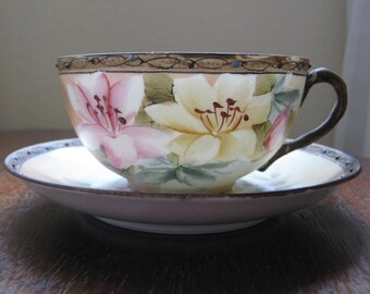 Antique Nippon Hand Painted Egg Shell Moriage Cup and Saucer Set