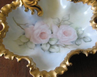 Vinatge Handpainted Roses and Gold Candy Dish