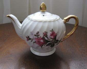 Vintage Dainty Porcelain Shabby Chic Floral and Gold Trimmed Teapot