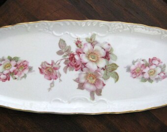 Vintage Beautiful Porcelain Gerold Porzellan Tettau Bavaria Pink Wild Roses Sandwich or Petit Fours Tray