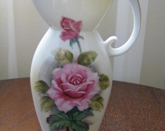 Vintage Beautiful Rose Design Porcelain Handled Vase or Ewer