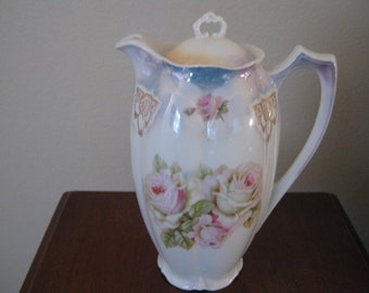 Vintage Beautiful Iridescent  Porcelain Chocolate or Coffee Pot Roses