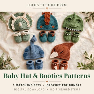May include: Five sets of crochet baby hats and booties featuring dinosaur and animal designs in various colors including green, blue, and rust. The text reads HUGSTITCHLOOM and Baby Hat & Booties Patterns 5 MATCHING SETS.