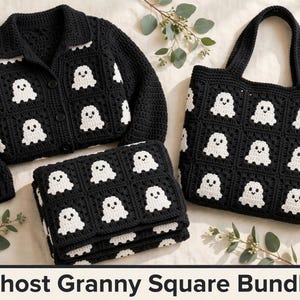 May include: A black crochet cardigan, a folded black crochet blanket, and a black crochet tote bag, all featuring a repeating white ghost pattern made of granny squares. The text Ghost Granny Square Bundle is printed at the bottom.
