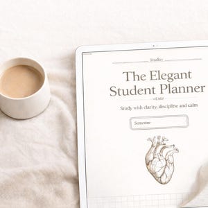 Könnte beinhalten: Ein geöffnetes Tablet zeigt "The Elegant Student Planner" mit einer Herzillustration. Eine weiße Tasse mit Kaffee befindet sich links, ein Stift und Trockenblumen rechts. Der Planer fördert das Lernen mit Klarheit, Disziplin und Ruhe.