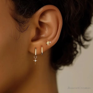 Gold Star Earring Set (3pcs) - 925 Silver CZ Huggies & Stud - Dainty Celestial Stacking Earrings, Mismatched Celestial Set, Gift for Her