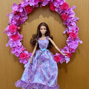 Handmade Pink and Purple Flower Wreath with Barbie Signature Birthday Wishes Doll