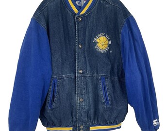 Vintage 90s Starter Golden State Warriors Denim Varsity Jacket Quilted NBA XL