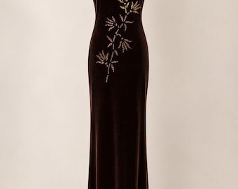Vintage 90s Y2K Blondie Nites 3/4 Brown Velvet Beaded Maxi Slip Dress USA