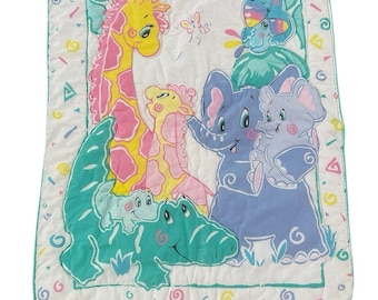 VTG 80s 90s Gerber Baby Quilt Blanket Pastel Jungle Baby Mommy Animals Y2K