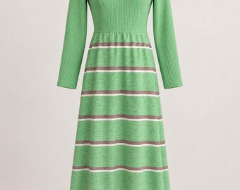 Vintage MCM 60s 70's V Neck Long Sleeve Polyester Knit Midi Dress S/M Retro Mod