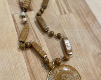 Vintage Hand Carved Mexican Leo Pendant Boho Hippie Indie Necklace Natural Stone