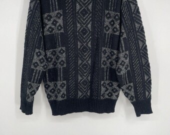 Method Geometric Knit Sweater Mens Large Black Gray Crewneck Vintage 90s
