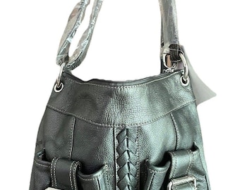 NWT Tignanello Gray Pebbled Leather Hobo Shoulder Bag Braided Buckle Pocket Y2K
