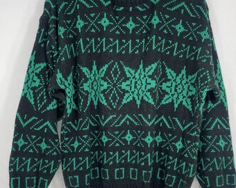 Kennington Vintage 80s Sweater Fair Isle Mens M Black Green Nordic Made In Italy