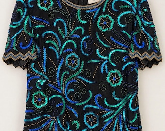 Vintage Papell Boutique Evening Silk Beaded Sequin Top M, Black Teal Blue 90s Glam Blouse