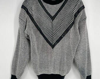 Urban Works Mens L Vintage 90s Black White Leather Trim Knit Sweater