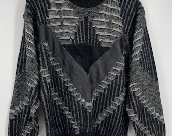 Saxony Mens M Vintage 90s Genuine Leather Wool 3D Knit Geometric Sweater