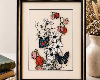 Art vintage sur verre effet aile de papillon, papillons floraux encadrés 1936 RPF Co