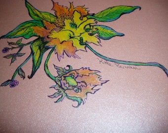 Original Halloween FLORAL CRITTERS Kate Perrin Unique Art Drawing