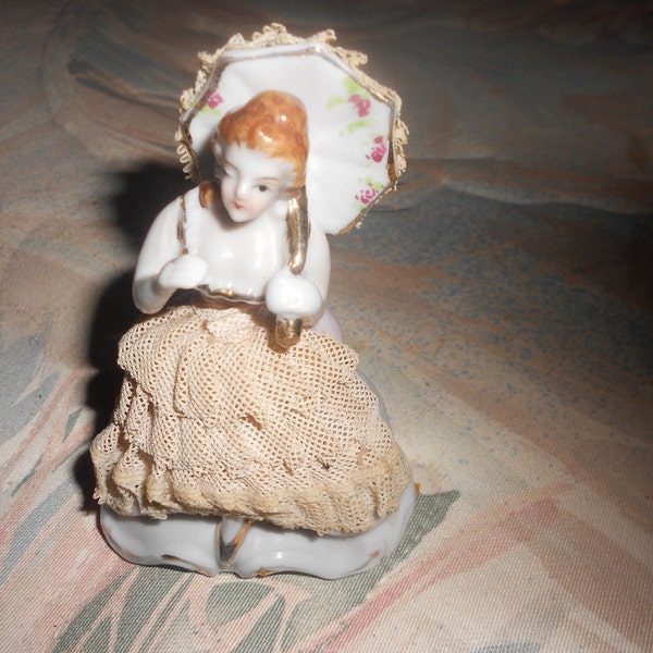 50's Lace Lady Vintage Japan Dresden Type 4" Figure Parasol Umbrella