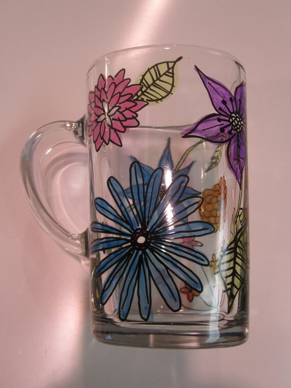 Items similar to Hand Painted Glass Coffee Mug Chic Floral Design on Etsy