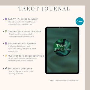 Peut inclure: Un ensemble de journal de tarot numérique avec une esthétique vert foncé. L'image montre une tablette affichant un design vert et noir avec les mots "Tarot Journal". Le texte mentionne également qu'il est modifiable et imprimable.