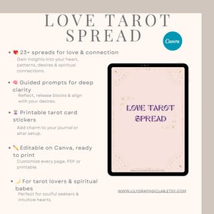 Peut inclure: Publicité pour un produit numérique "Love Tarot Spread" sur une tablette. Le texte met en avant "23+ spreads for love & connection" et "Printable tarot card stickers". Le design utilise des couleurs douces et inclut le logo Canva.