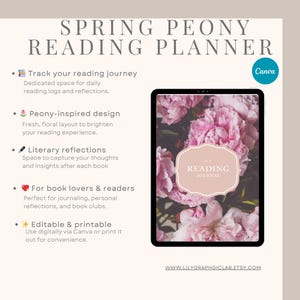 Spring Peony Reading Planner | Book Journal Printable | Daily Reading Log, Book Club Tracker, Literary Reflection | PDF Digital Download