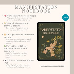 Può includere: Quaderno di manifestazione digitale con un design forestale vintage. La copertina presenta una mano che tiene una pianta, con le parole "MANIFESTATION NOTEBOOK" in oro. Il quaderno è modificabile e stampabile in PDF.