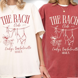 Magliette personalizzate The Bach Club per il weekend tra ragazze, maglietta personalizzata per addio al nubilato in spiaggia, maglietta da campeggio per addio al nubilato in bikini e martini