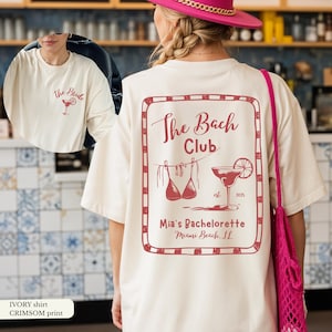 Magliette personalizzate The Bach Club per il weekend tra ragazze, maglietta personalizzata per addio al nubilato in spiaggia, maglietta da campeggio per addio al nubilato in bikini e martini