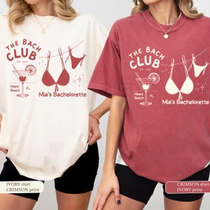 Magliette personalizzate The Bach Club per il weekend tra ragazze, maglietta personalizzata per addio al nubilato in spiaggia, maglietta da campeggio per addio al nubilato in bikini e martini